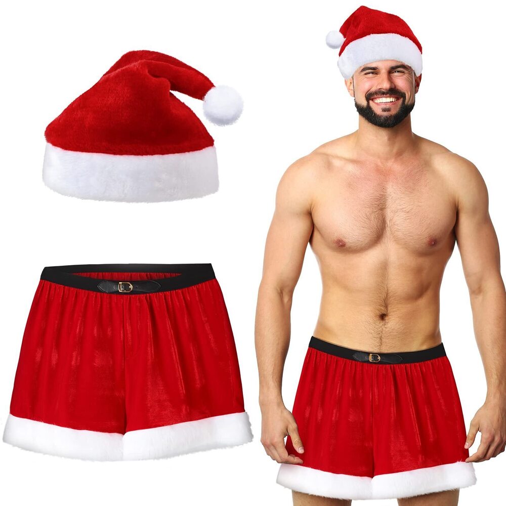 8408 Christmas Elf Shorts Santa Boxer with Hat Holiday Boxers Pants